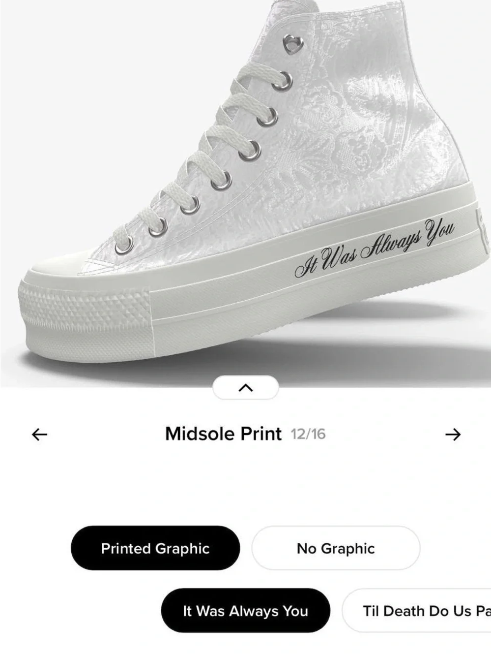 Converse Custom White High-Top Platform Sneaker with Script Midsole size 8.5
